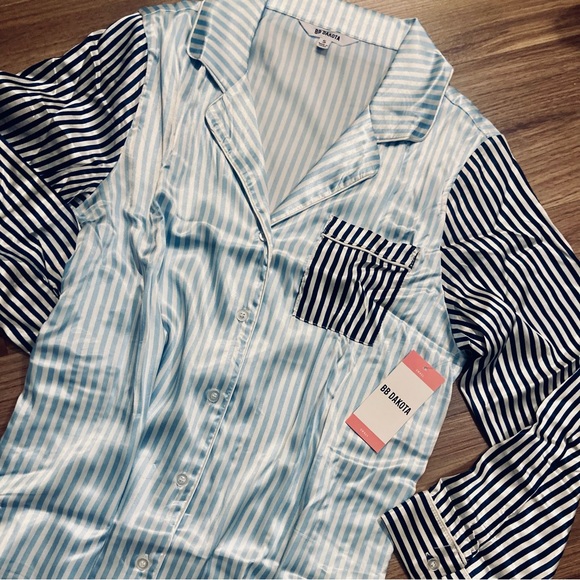 BB DAKOTA| Satin Notch Collar PJ Set| Blue&White Striped|  NWT (A030,A031) - Picture 7 of 11
